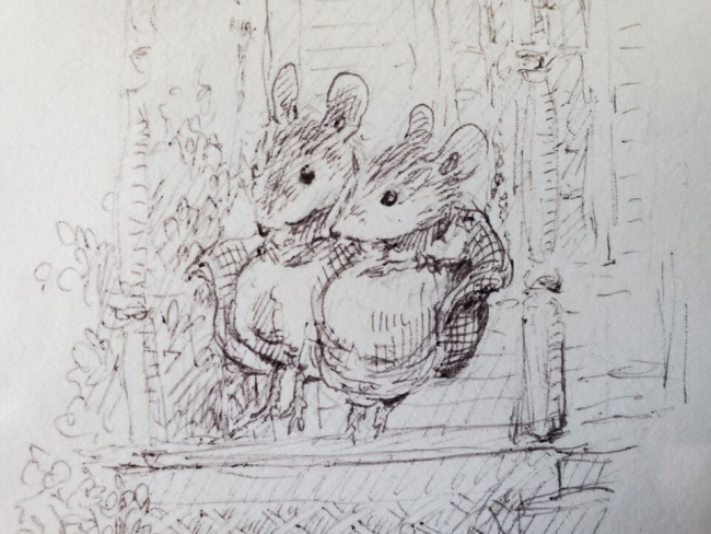 Two mice sitting on a porch